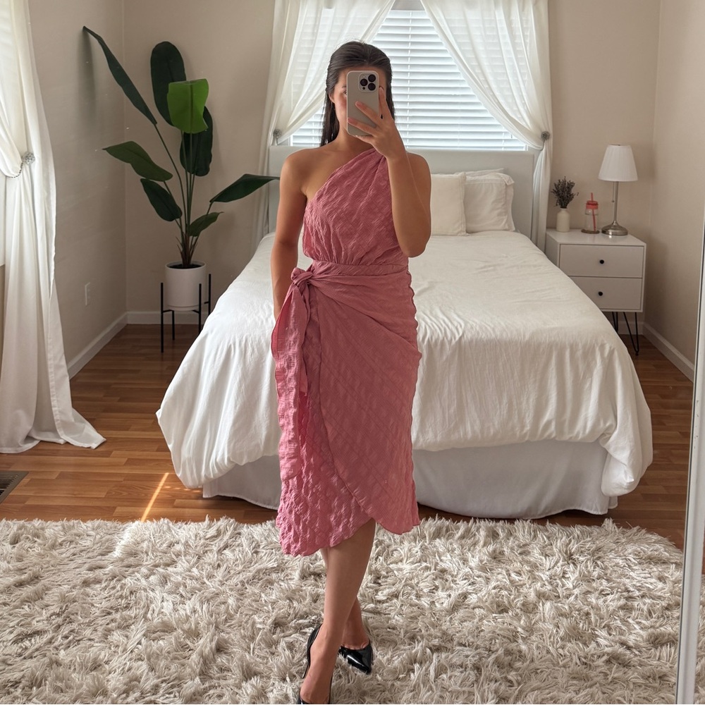 SHEIN Dusty Rose One-Shoulder Textured Wrap Dress